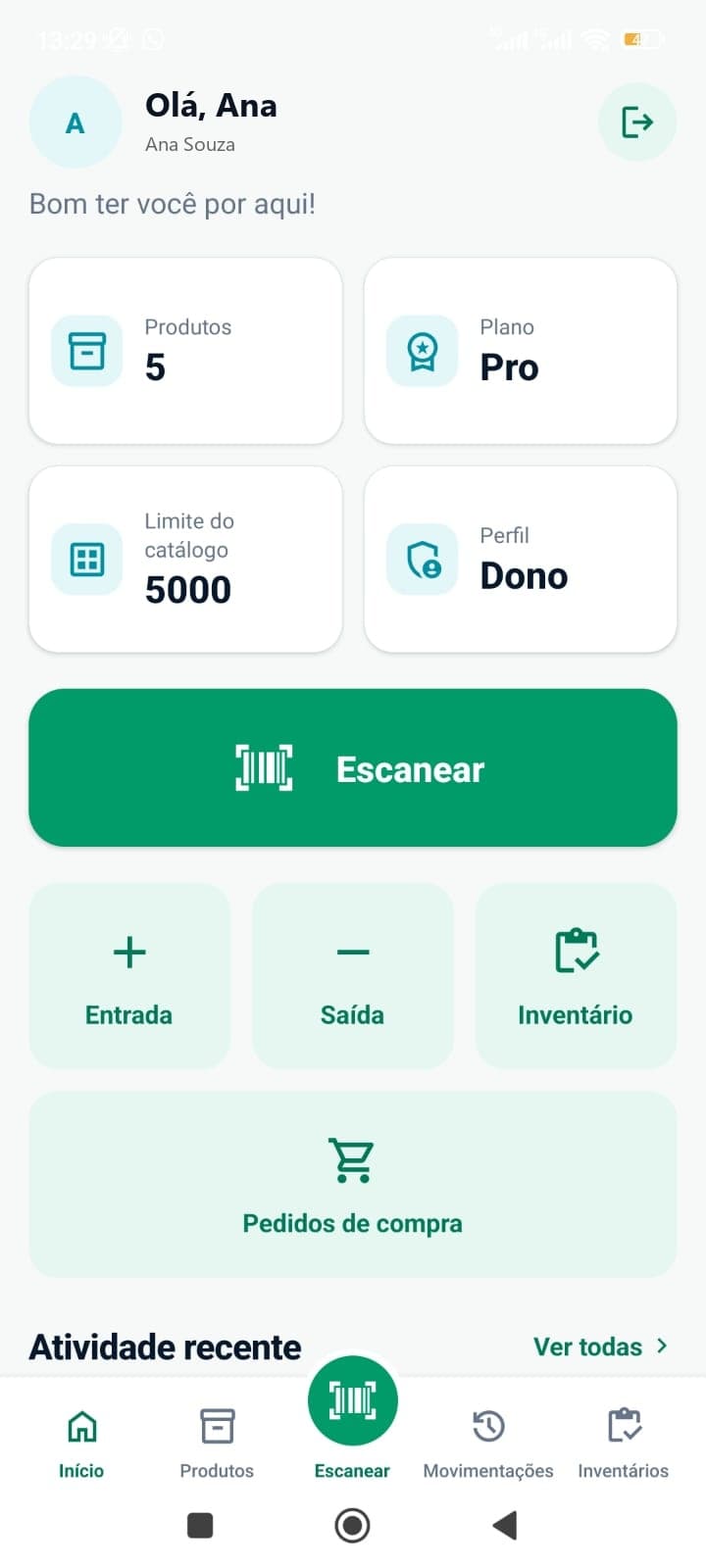 Tela inicial do app Stokdesk no celular